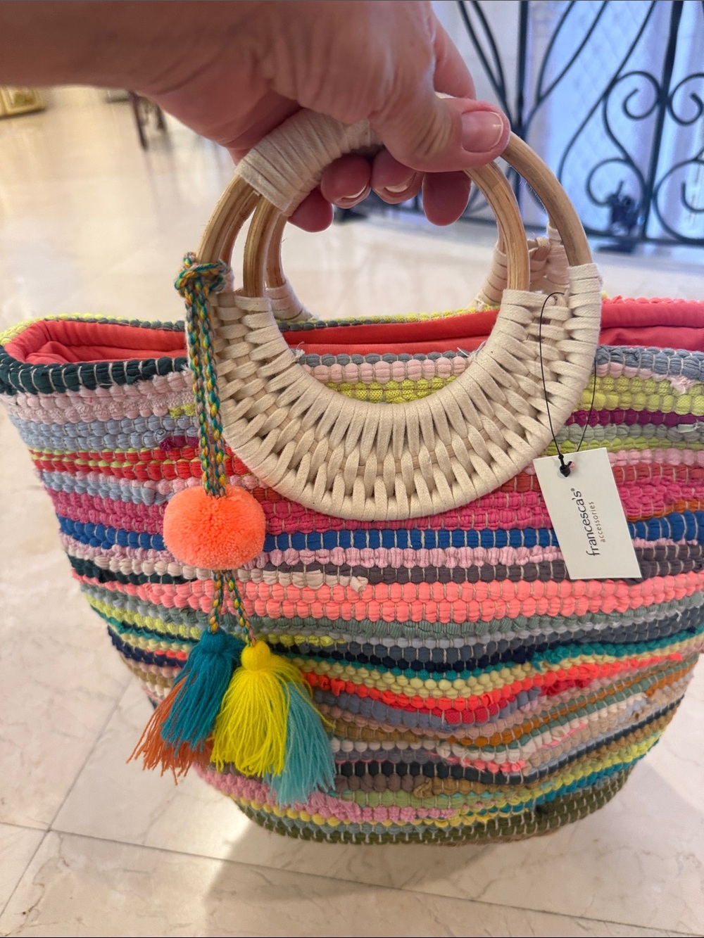 Francesca's Collections Bright Multicolor Woven Straw Tote with Round Handles